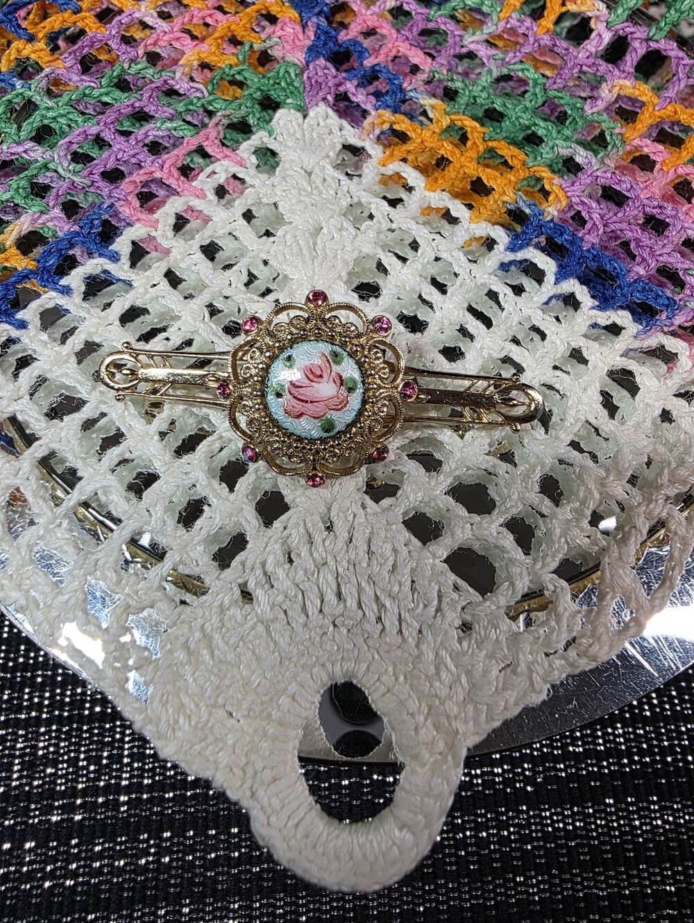 Guilloche Hand Painted Rose Brooch Pin